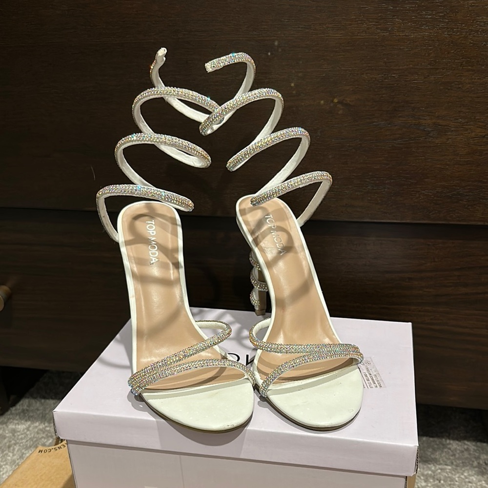 TOP Moda White Strappy Crystals embossed Heels